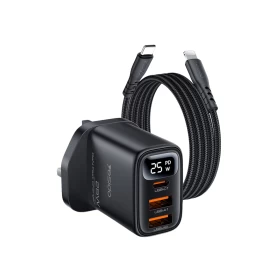 YESIDO YC163 25W GaN Fast Wall Charger with LED Display & Lightning Cable – Black