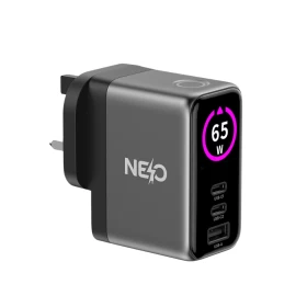 NEO 65W GaN Fast Charger with Smart Display, 2 USB-C + USB-A – Grey