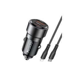 شاحن سيارة فائق السرعة Yesido Y54 بقدرة 60 وات وكابل من Type-C إلى Lightning