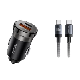 YESIDO Y72 30W Fast Car Charger Dual USB-A + USB-C with USB-C to USB-C 60W Cable – Black