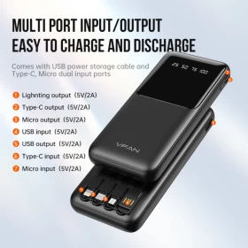 VFAN GN-08C 10000mAh Power Bank with 4 Built-in Charging Cables – Black