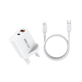 REMAX RP-U120 20W USB-A & USB-C Fast Charger with USB-C to Lightning Cable (UK Plug)