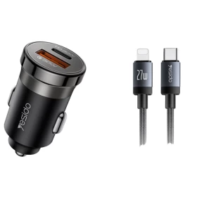 YESIDO Y73 Super Fast Car Charger 30W QC3.0 + PD with USB-C to Lightning Cable 27W – Black