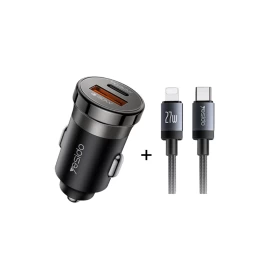 YESIDO Y73 Super Fast Car Charger 30W QC3.0 + PD with USB-C to Lightning Cable 27W – Black