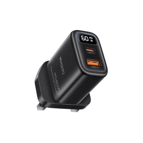 YESIDO YC165 60W Fast Wall Charger with Digital LED Display & Dual USB Ports – Black